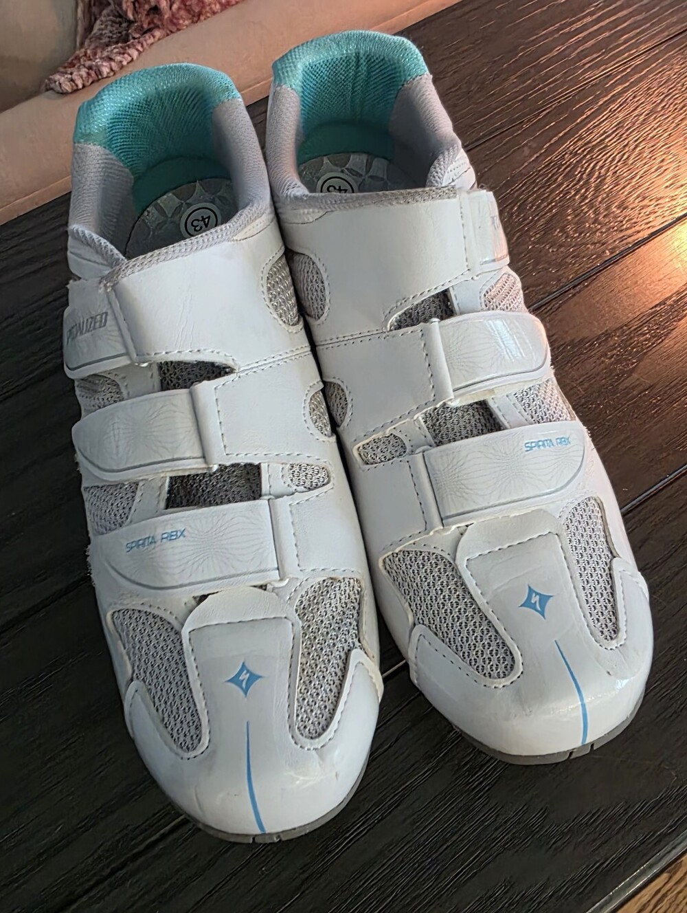 White Cycling Shoes with Teal Lining